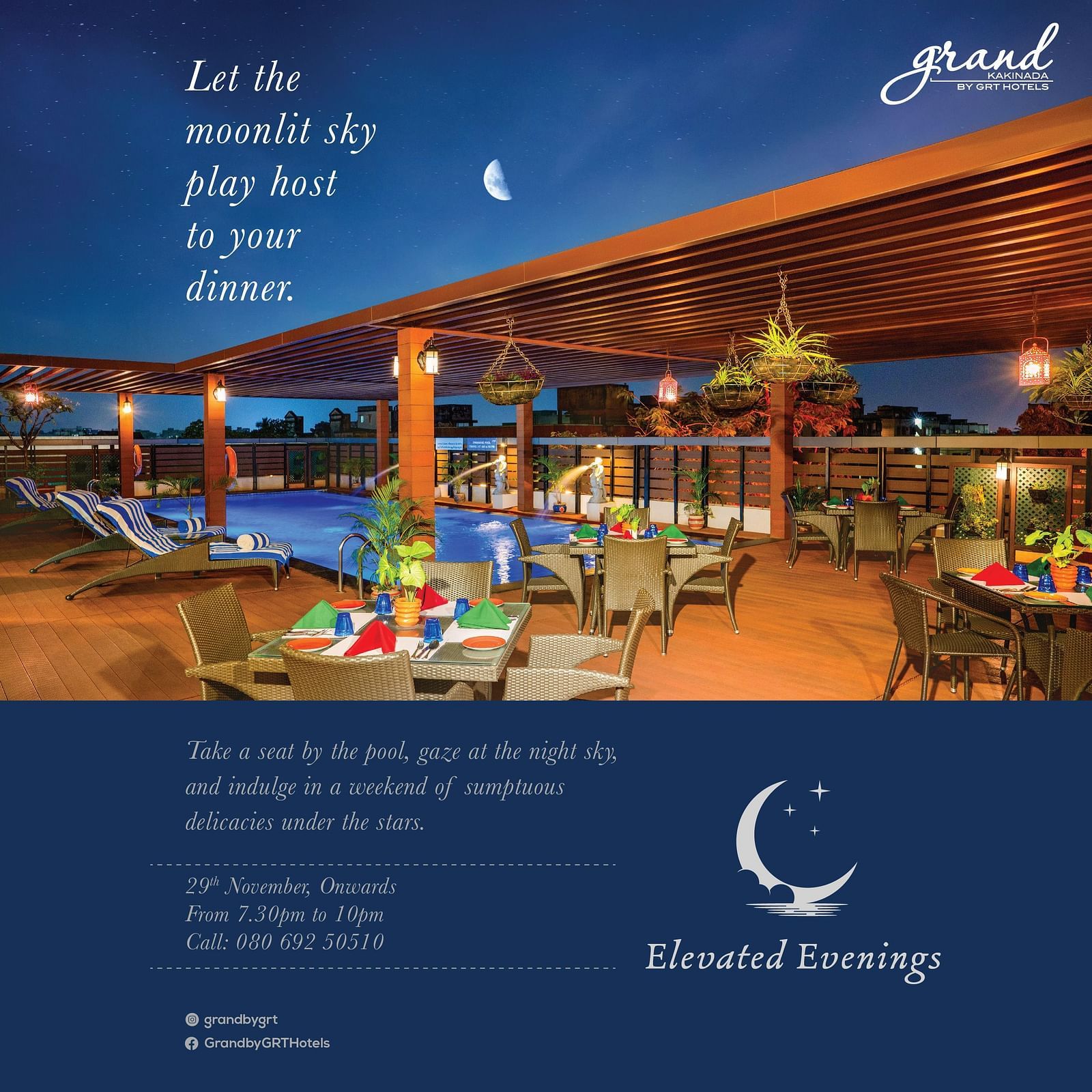 Banner for Moonlight Dinner at Grand Kakinada featuring a poolside restaurant with tables arranged under a clear sky with a moon and the banner says that the offer is valid from 29th November onwards