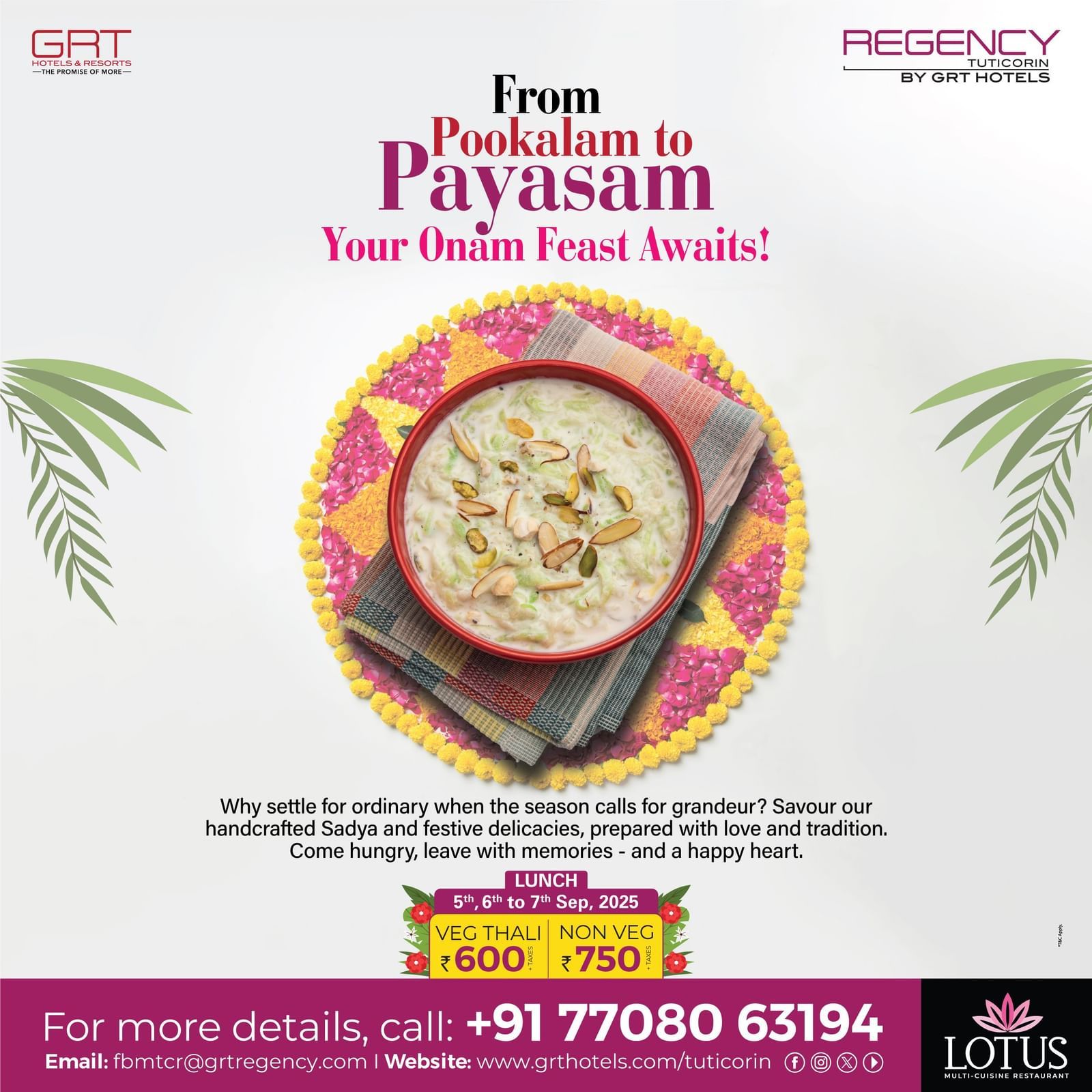 Offer creative for Onam Feast at GRT Regency Tuticorin featuring traditional Sadya, pookalam, and payasam in a festive design.