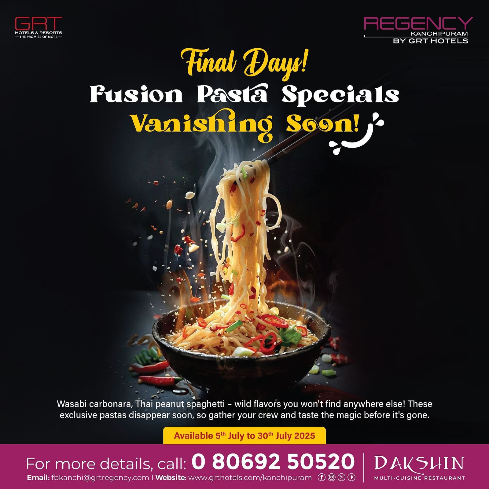 Steaming bowl of fusion noodles with vibrant toppings promoting The Great Pasta Fusion offer at Regency Kanchipuram by GRT Hotels