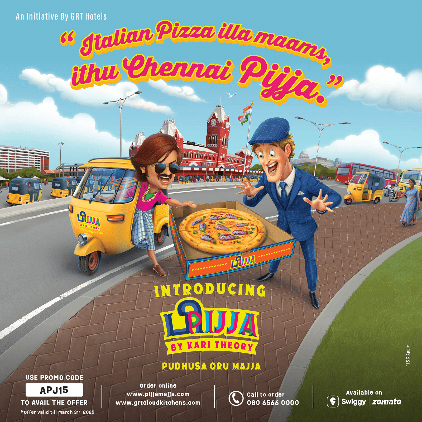 A vibrant ad for Pijja by Kari Theory, featuring a Chennai-style pizza delivery scene near Central Station.