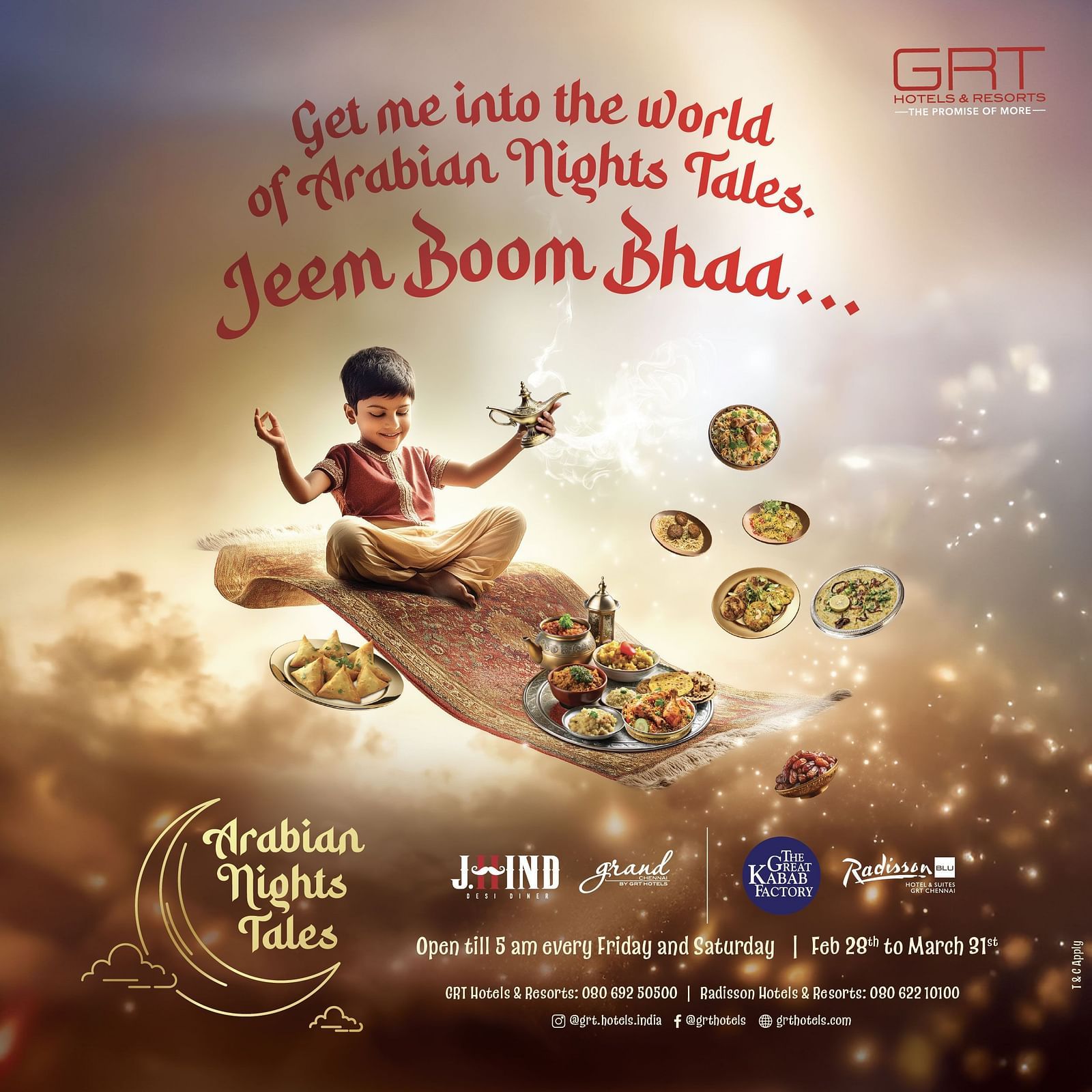 A banner showing a magical Arabian Nights-themed food festival with lavish dishes, a flying carpet, and a dreamy golden glow.