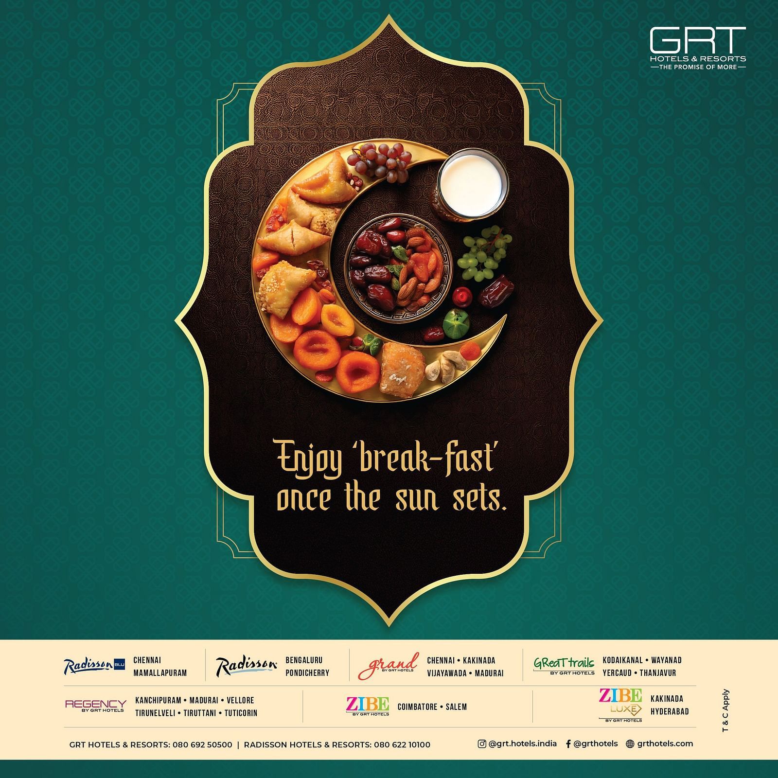 Ramadan banner with a crescent platter of Iftar treats by GRT Hotels logo and text Enjoy break-fast'once the sun sets
