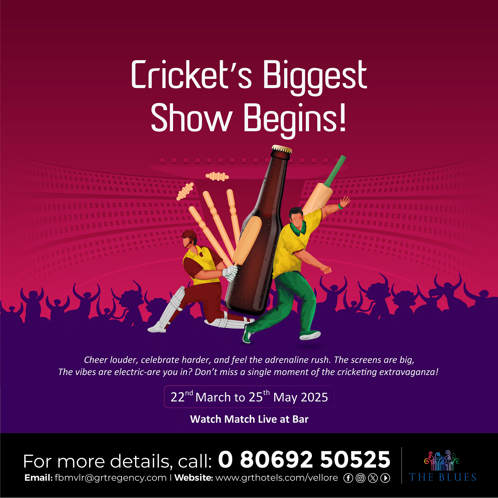 Cricket’s Biggest Show Begins! Watch live matches at The Blues, GRT Regency Vellore. Feel the adrenaline rush with every big hit!