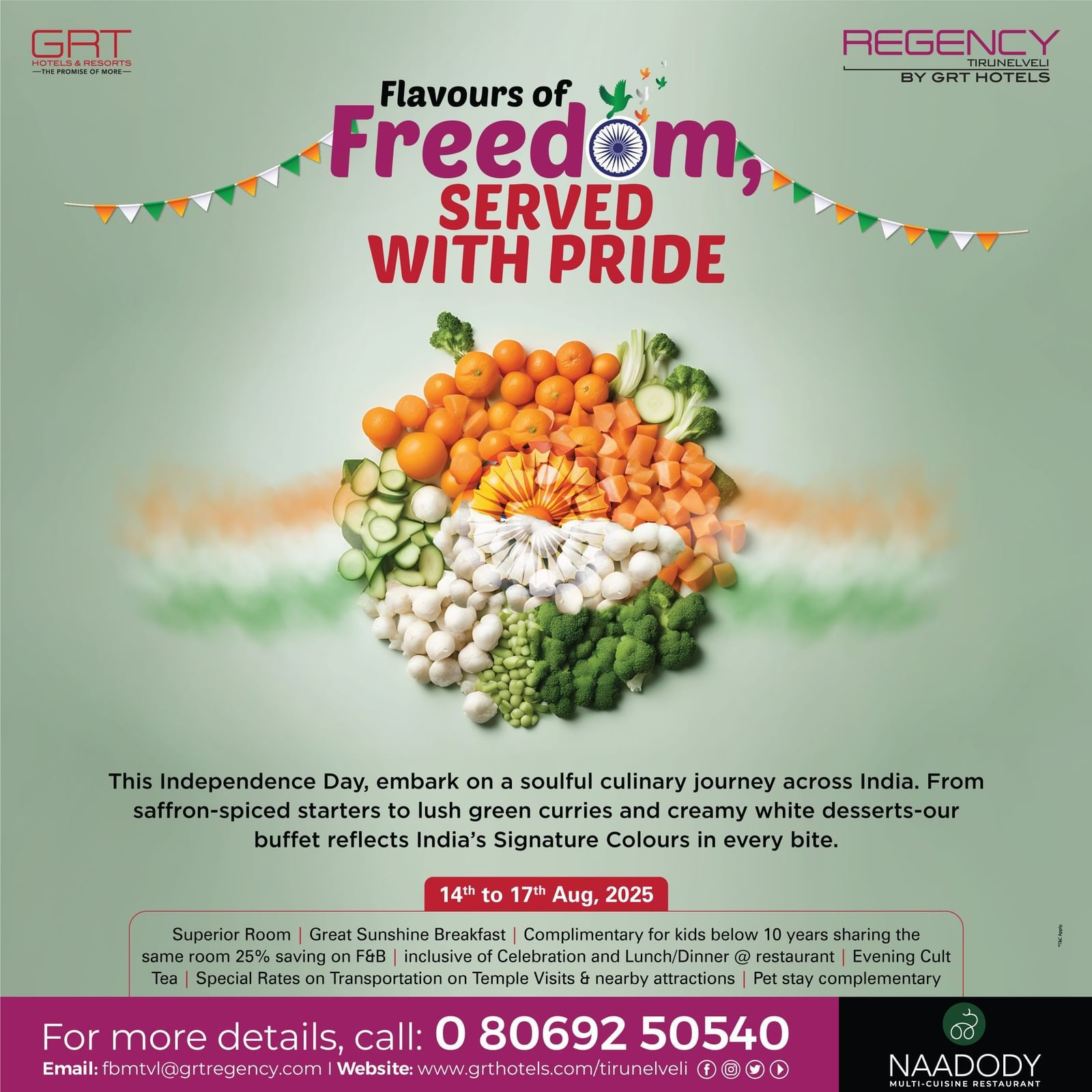 A promotional banner for India's Independence Day with the text Flavours of Freedom, SERVED WITH PRIDE. The image features three piles of saffron, white, and green sweets representing the Indian flag