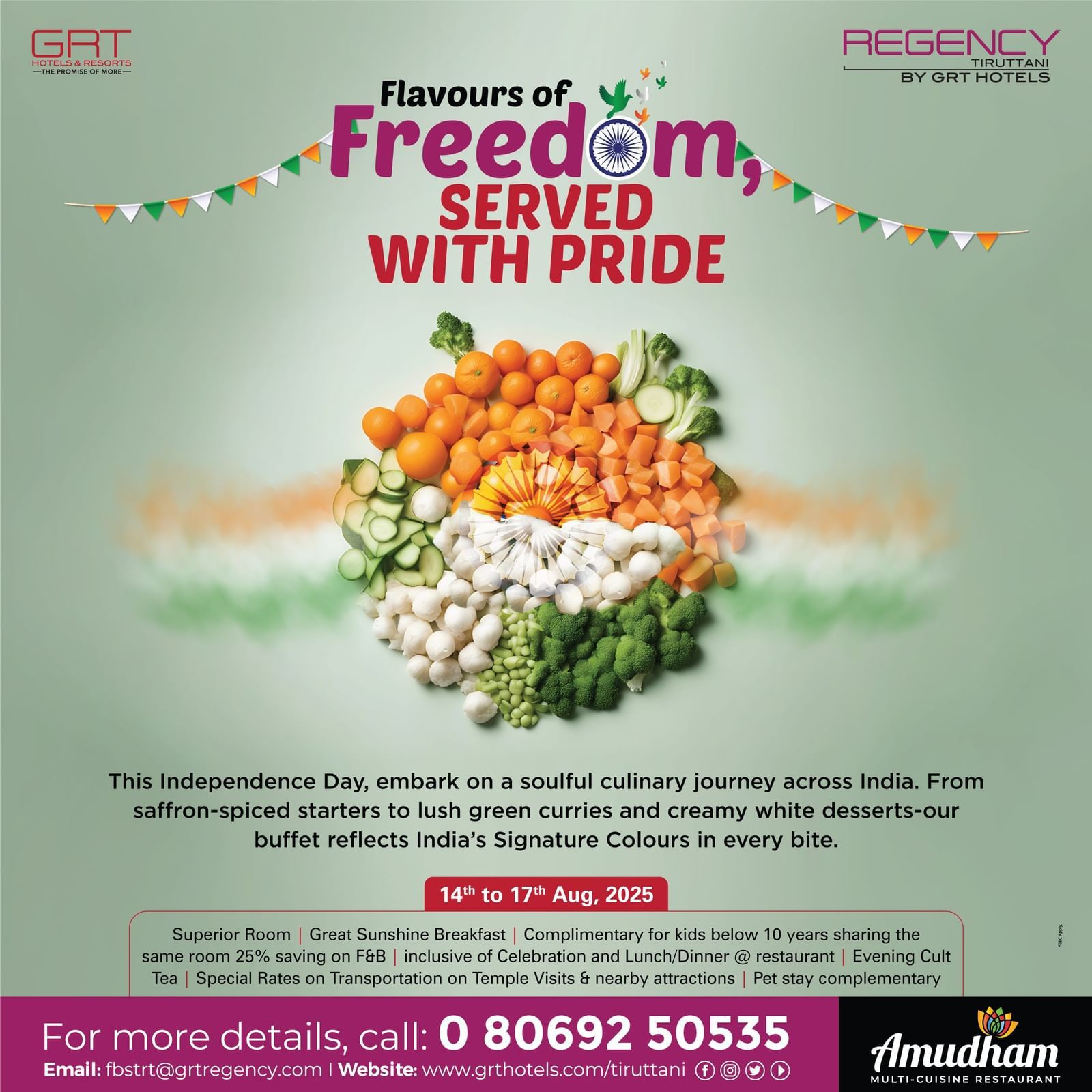 Independence Day buffet promotion at Regency Tiruttani by GRT Hotels, featuring a tri-colour arrangement of fresh vegetables shaped like the Indian flag