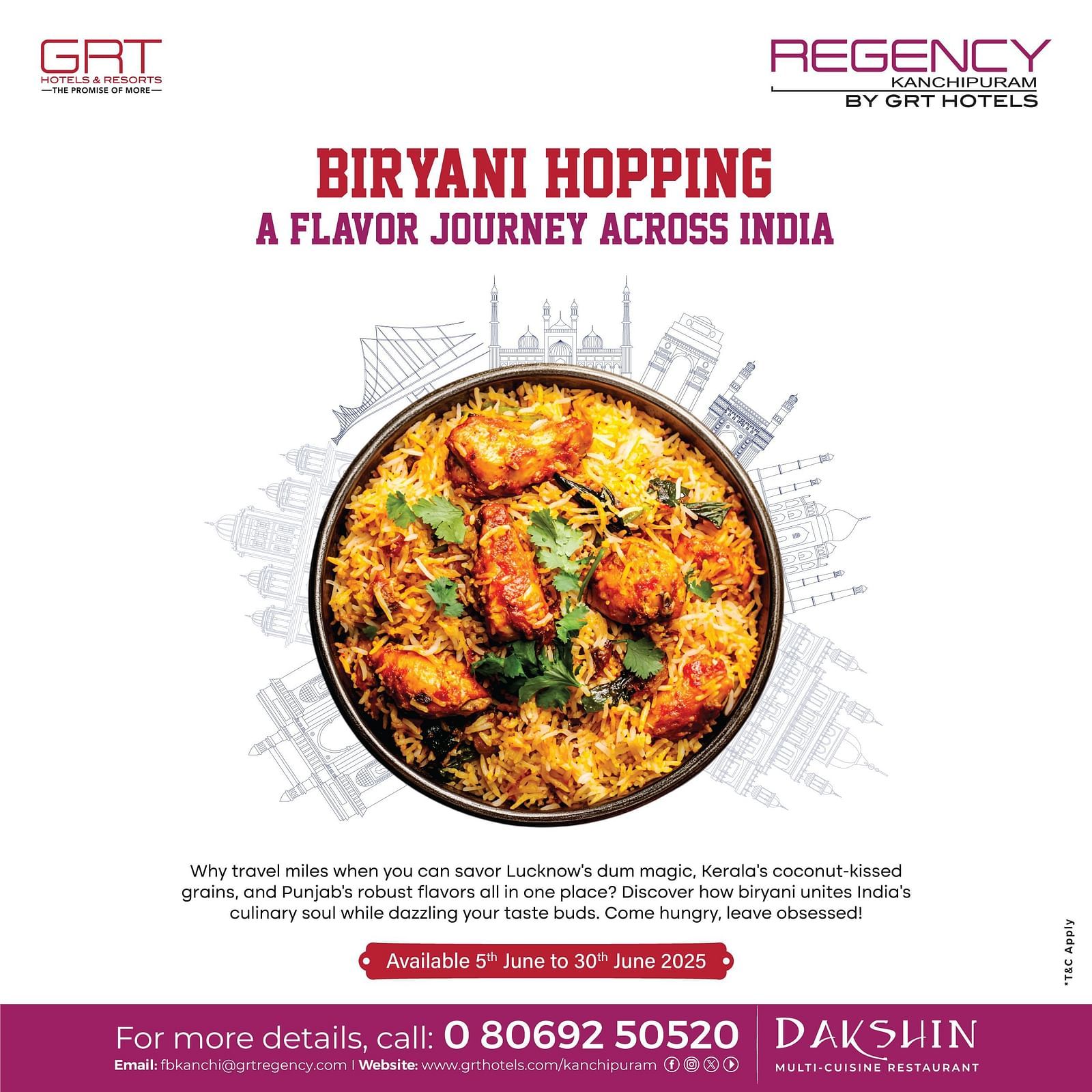 Banner image promoting the Biriyani Festival at Dakshin Restaurant, Regency Kanchipuram  by GRT Hotels
