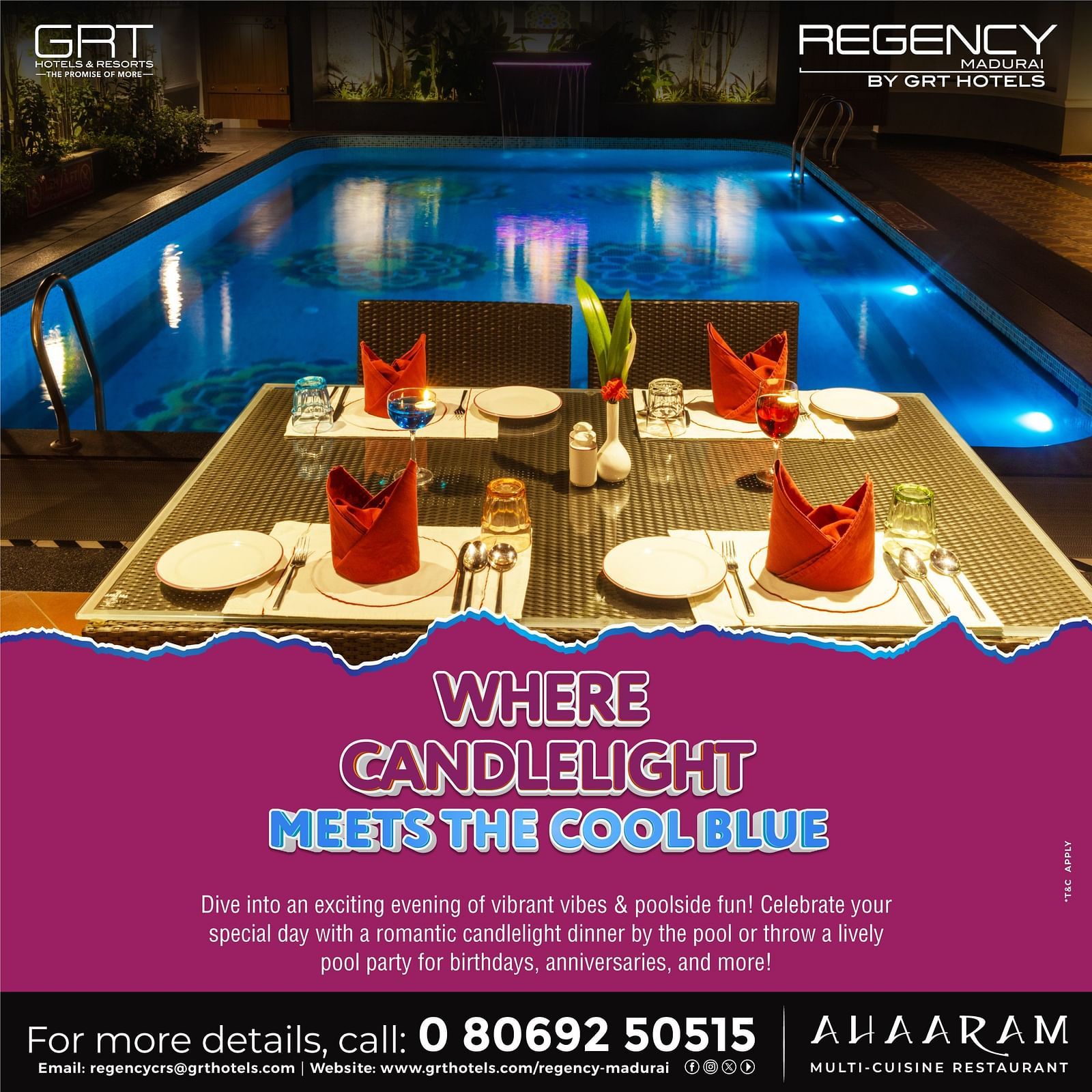 Poolside candlelight dinner setup with vibrant ambience at Ahaaram, Regency Madurai. Perfect for romantic evenings, parties, and celebrations.