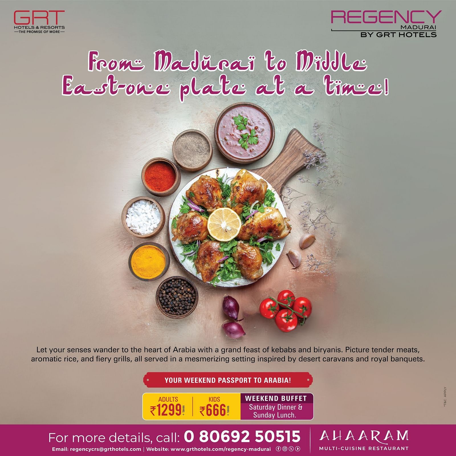Poster for Middle Eastern buffet at Ahaaram, Regency Madurai by GRT Hotels, showcasing grilled meats, spices, and weekend pricing.