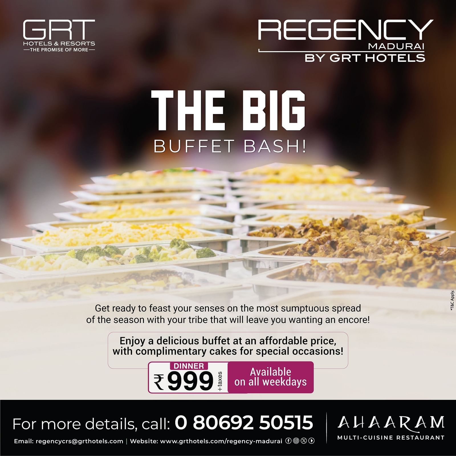 A promotional banner for Regency Madurai by GRT Hotels, showcasing a buffet spread at Ahaaram restaurant. The image displays an array of dishes in serving trays