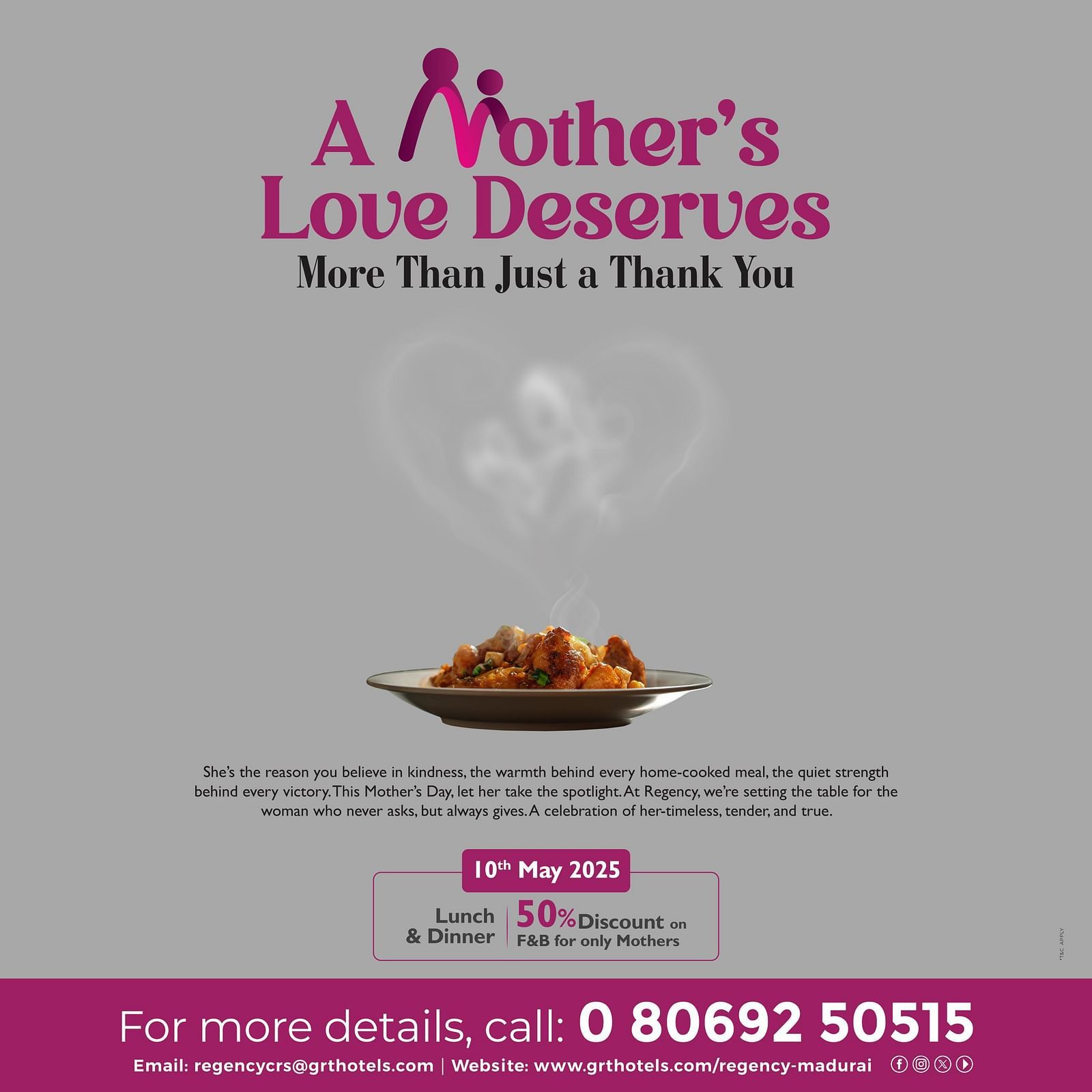 Mothers Day banner showing a steaming dish, heart-shaped steam, offer details for 50% off lunch and dinner at Regency Madurai.