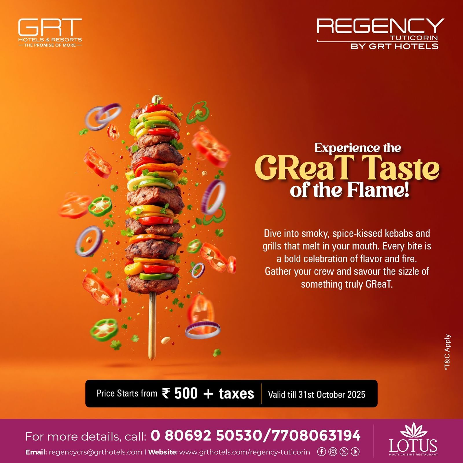 Promotional banner for the GReaT Taste of the Flame offer at Regency Tuticorin by GRT Hotels, showcasing smoky kebabs and flame-grilled delights starting at INR 500 + taxes.