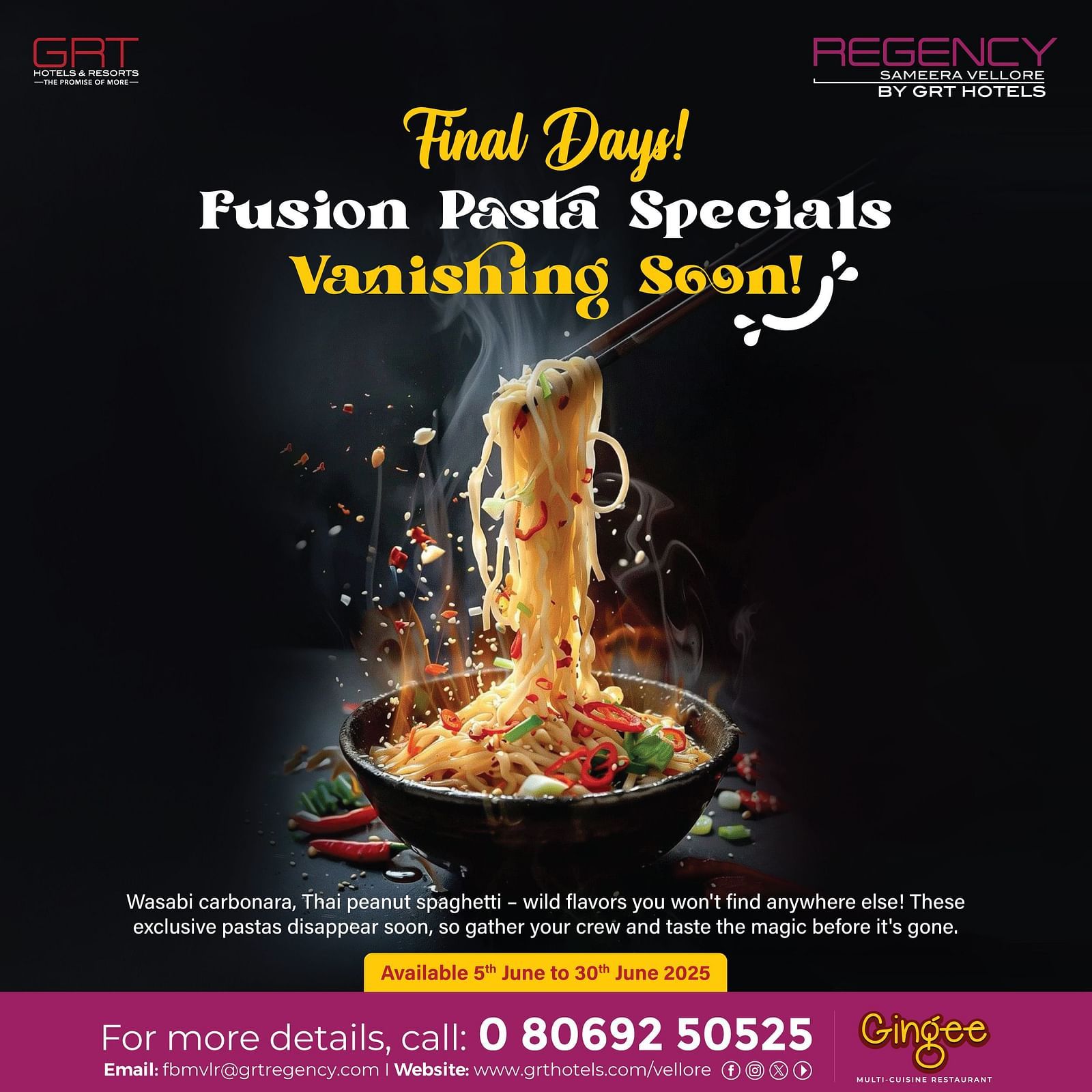 Steaming fusion pasta tossed mid-air, highlighting limited-time specials at Regency by GRT Hotels, available only from 5th to 30th June 2025