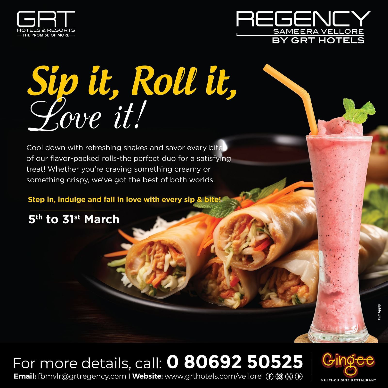 A promotional banner for Regency Sameera Vellore by GRT Hotels, featuring a special food offer with refreshing shakes and flavour-packed rolls.