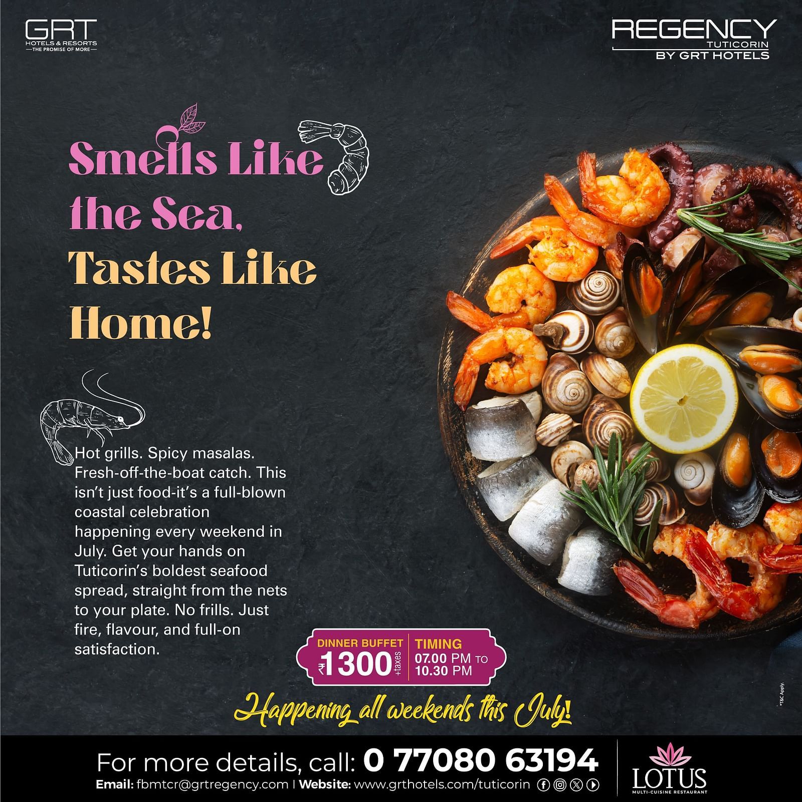 Promotional poster for the seafood buffet at Lotus, Regency Tuticorin by GRT Hotels. Features seafood platter, price, and “Smells Like the Sea” tagline.