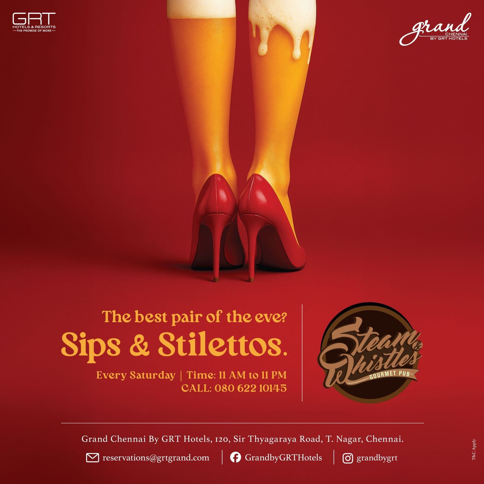 Sips & Stilettos creative for Steam & Whistles, Grand Chennai showing cocktails, high heels, and a chic Saturday ladies’ night theme.