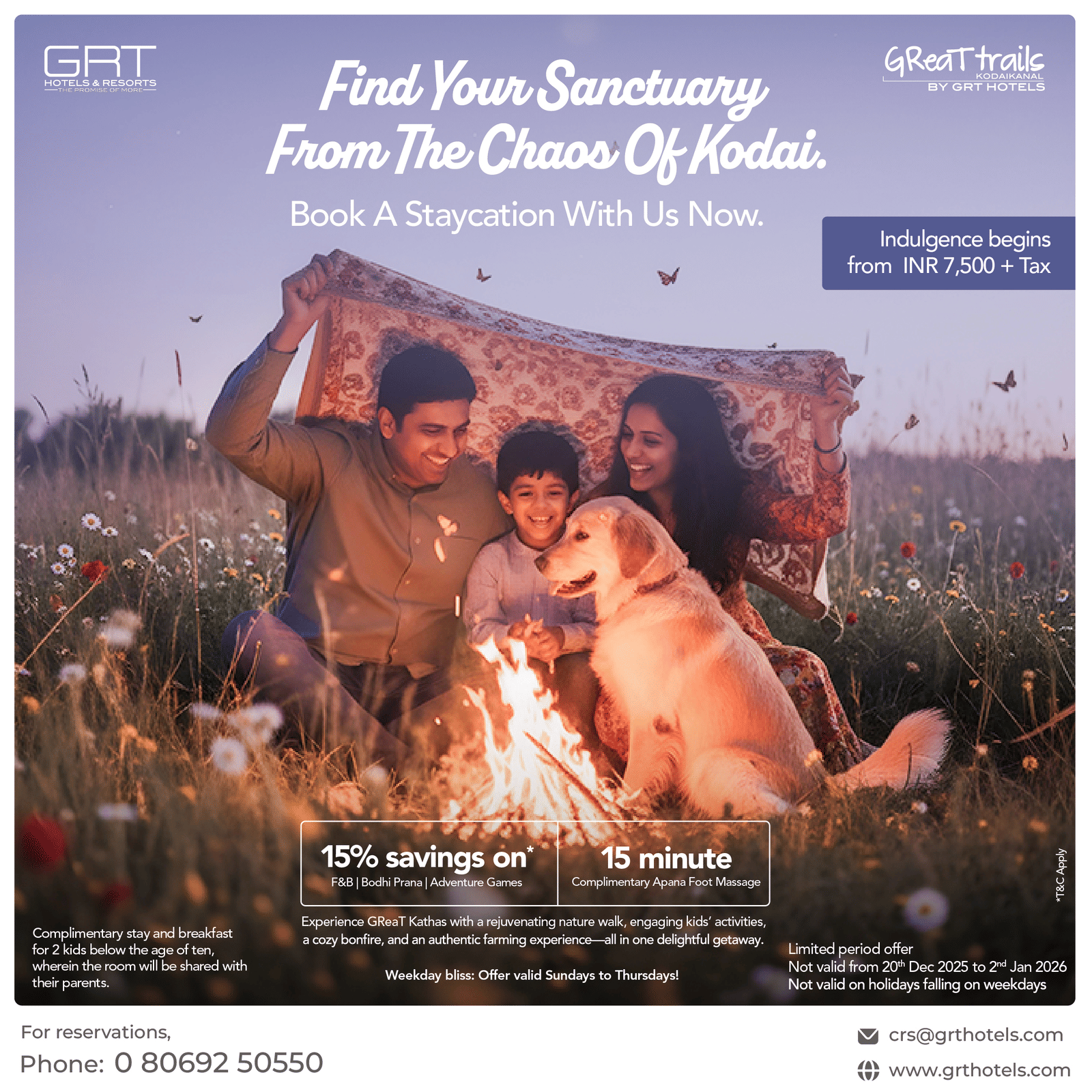 Promotional creative showing a family by a bonfire at Great Trails Kodaikanal by GRT Hotels for the weekday staycation offer.