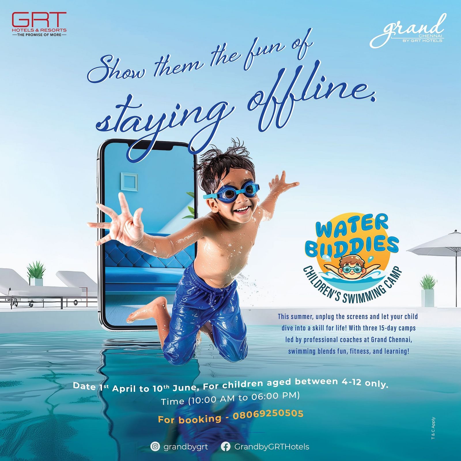 Swimming camp creative featuring a kid wearing swimming gear holding a phone with a selfie on the screen, text overlay, ocean background.