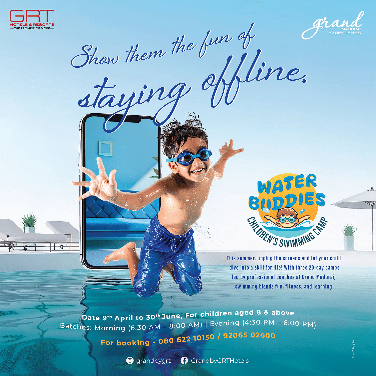 Swimming camp creative featuring a kid wearing swimming gear holding a phone with a selfie on the screen, text overlay, ocean background.