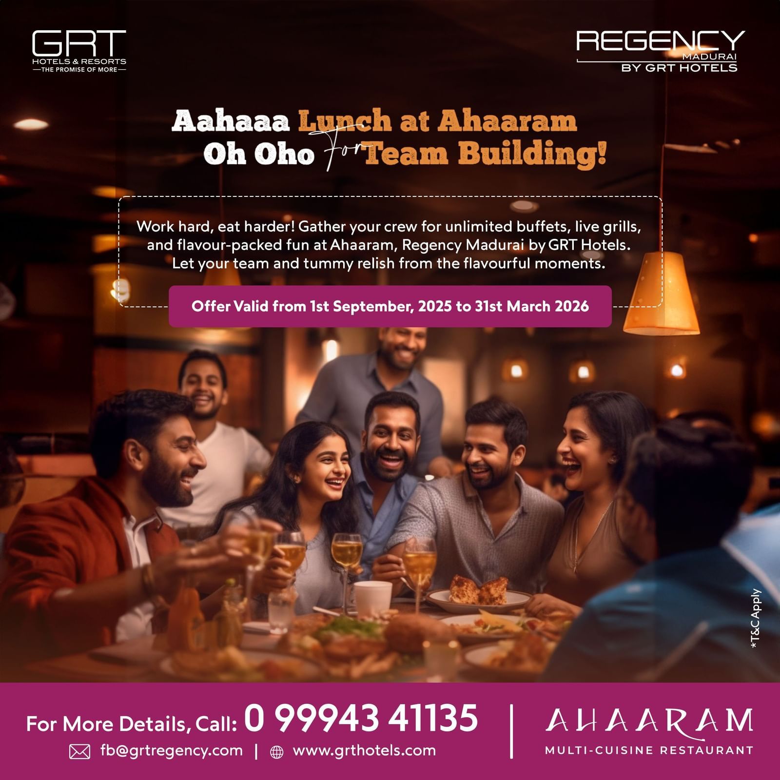 Creative promoting Team Lunch offer at Ahaaram, Regency Madurai by GRT Hotels — joyful group dining, live grills, and flavour-packed buffet experience.