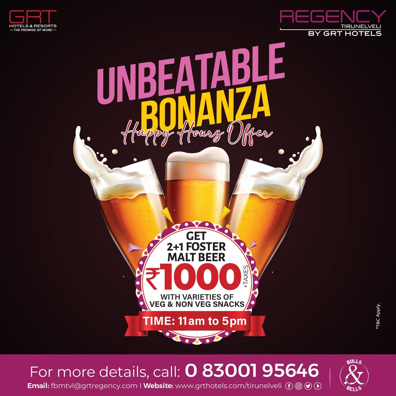 Promotional banner for Happy Hours offer – 2+1 Foster Malt Beer at GRT Regency Tirunelveli with snacks and chilled beer glasses.