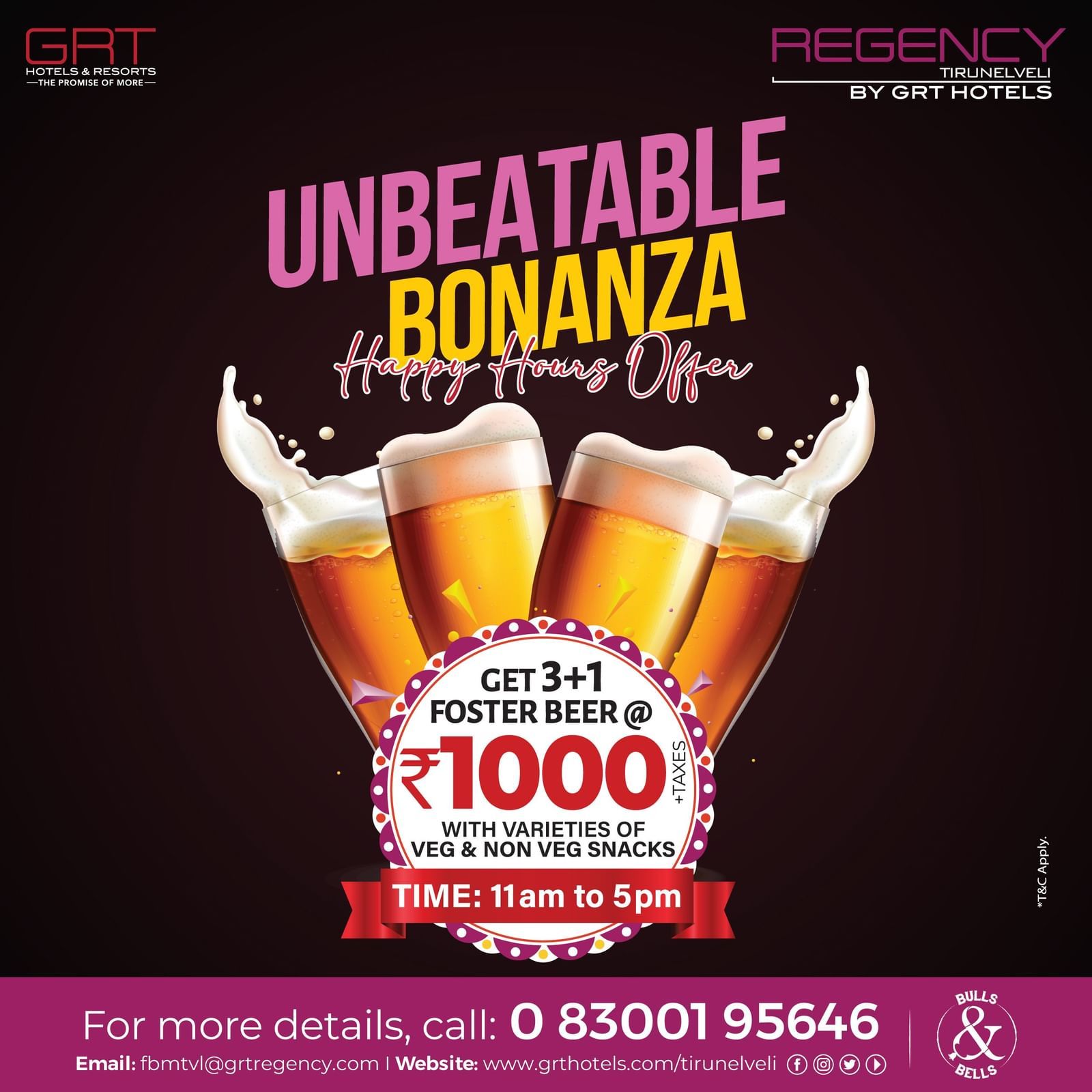 Promotional banner for Happy Hours offer – 3+1 Foster Beer at GRT Regency Tirunelveli with snacks and frothy beer glasses.