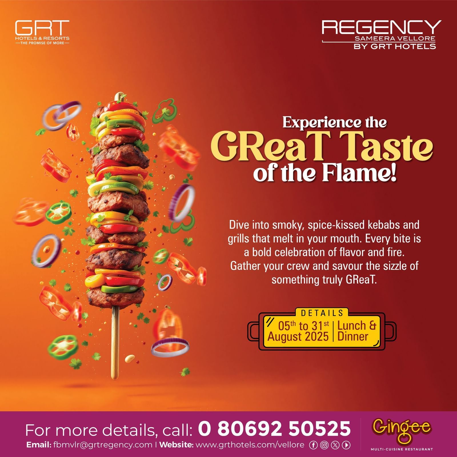 Skewer of grilled kebabs with colorful vegetables, floating spice slices, and details for Regency Sameera Vellore’s August lunch & dinner offer.