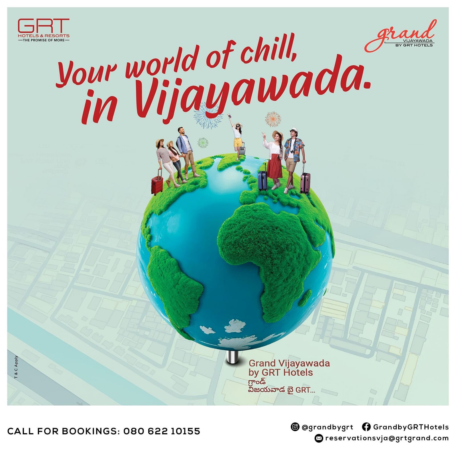  Illustration of a small green planet with people relaxing, text reads: Your world of chill, in Vijayawada