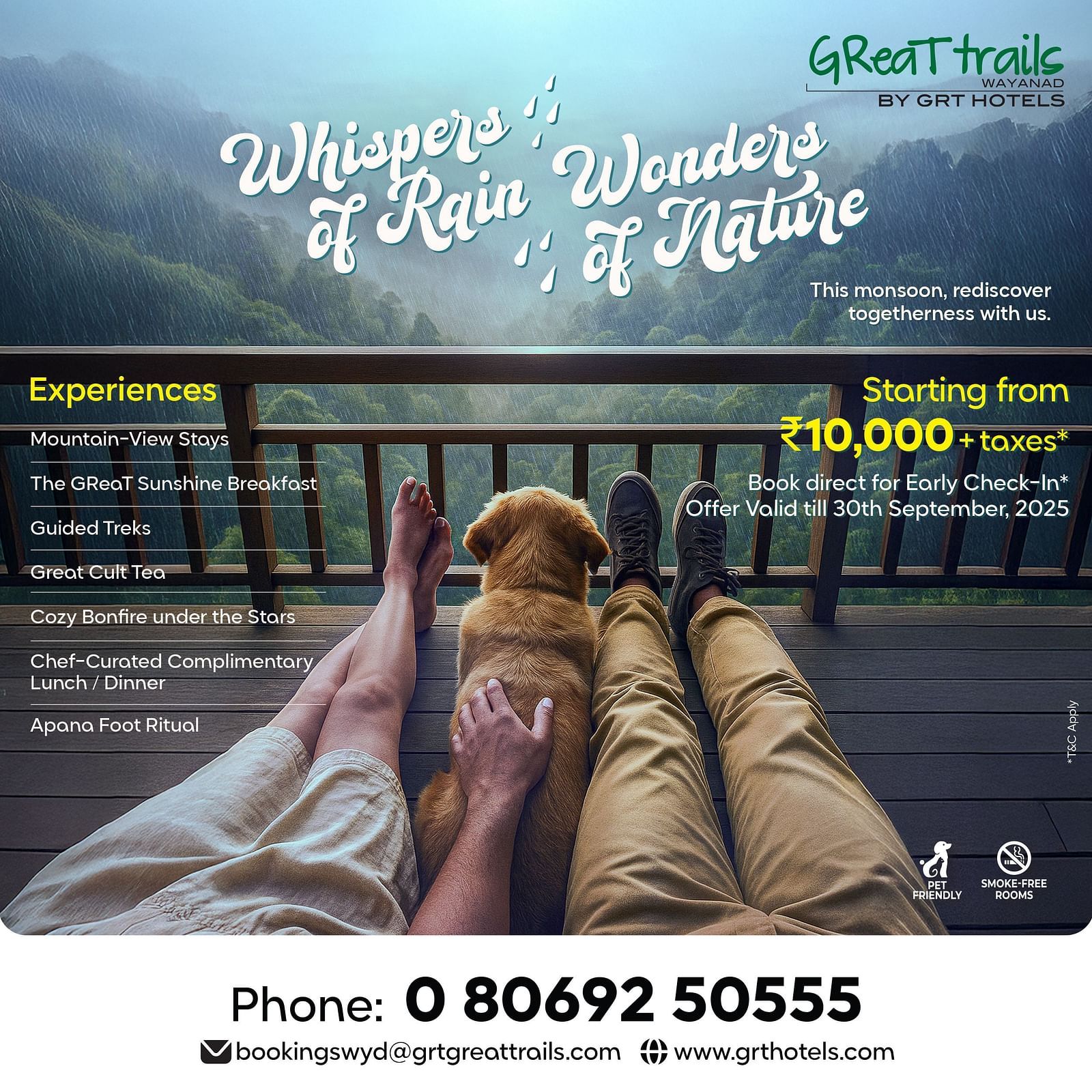 Great Trails Wayanad offer: Couple, dog, forest balcony, package from ?10,000, with activities like safaris, trekking, and visiting waterfalls