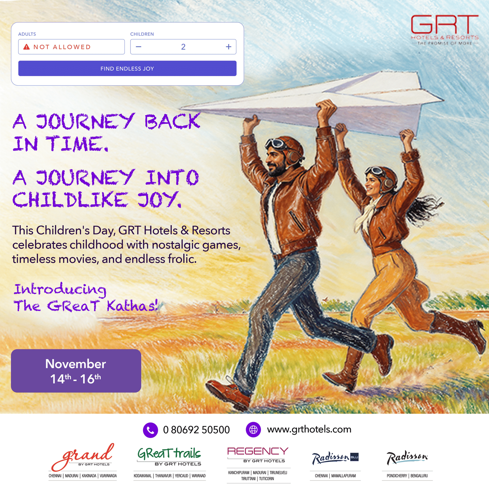 Joyful people running with a paper plane, symbolising childhood wonder during The GReaT Kathas, Children’s Day celebration by GRT Hotels & Resorts.