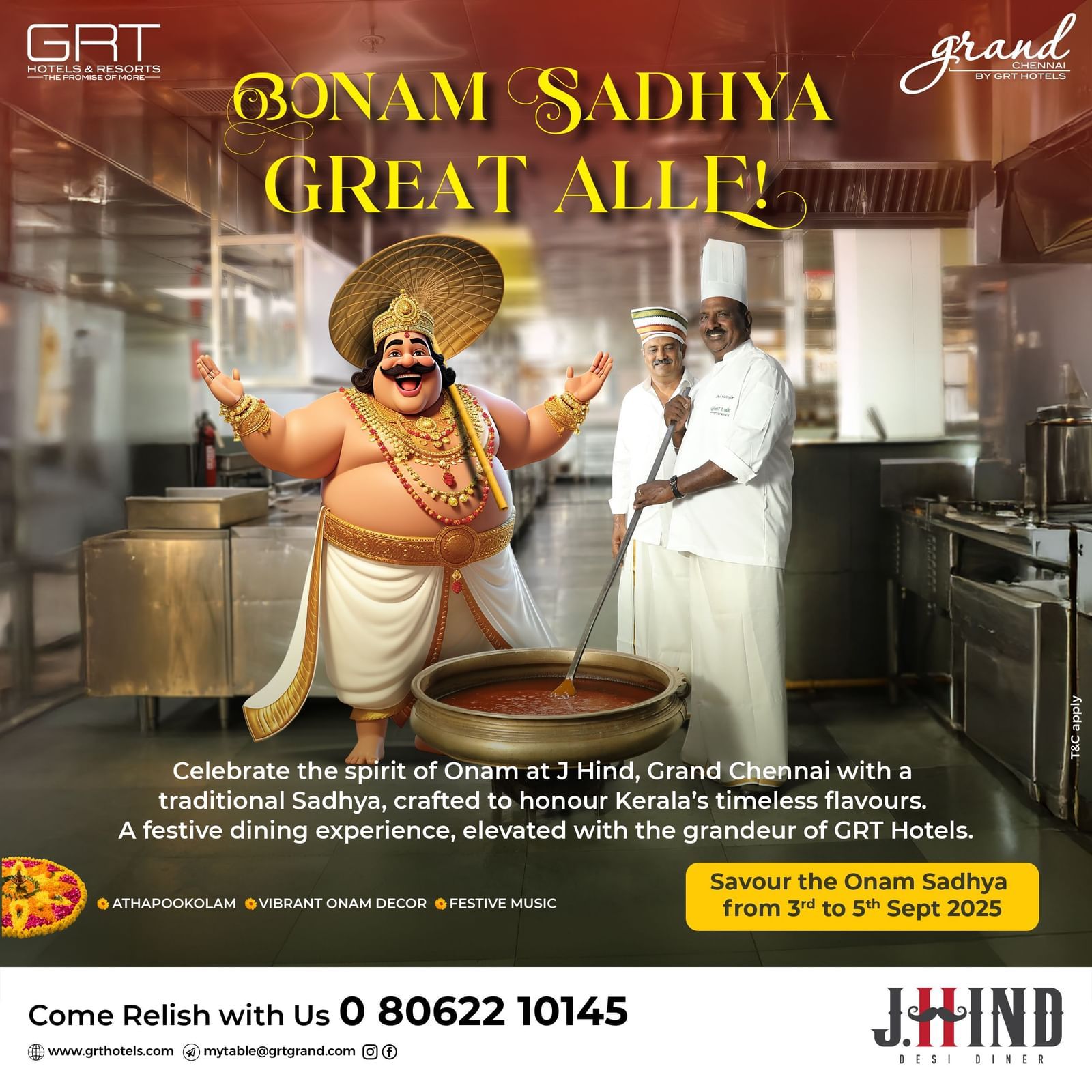 Celebrate Onam at J Hind, Grand Chennai with a traditional Sadhya, vibrant décor, festive music, and Kerala flavours.