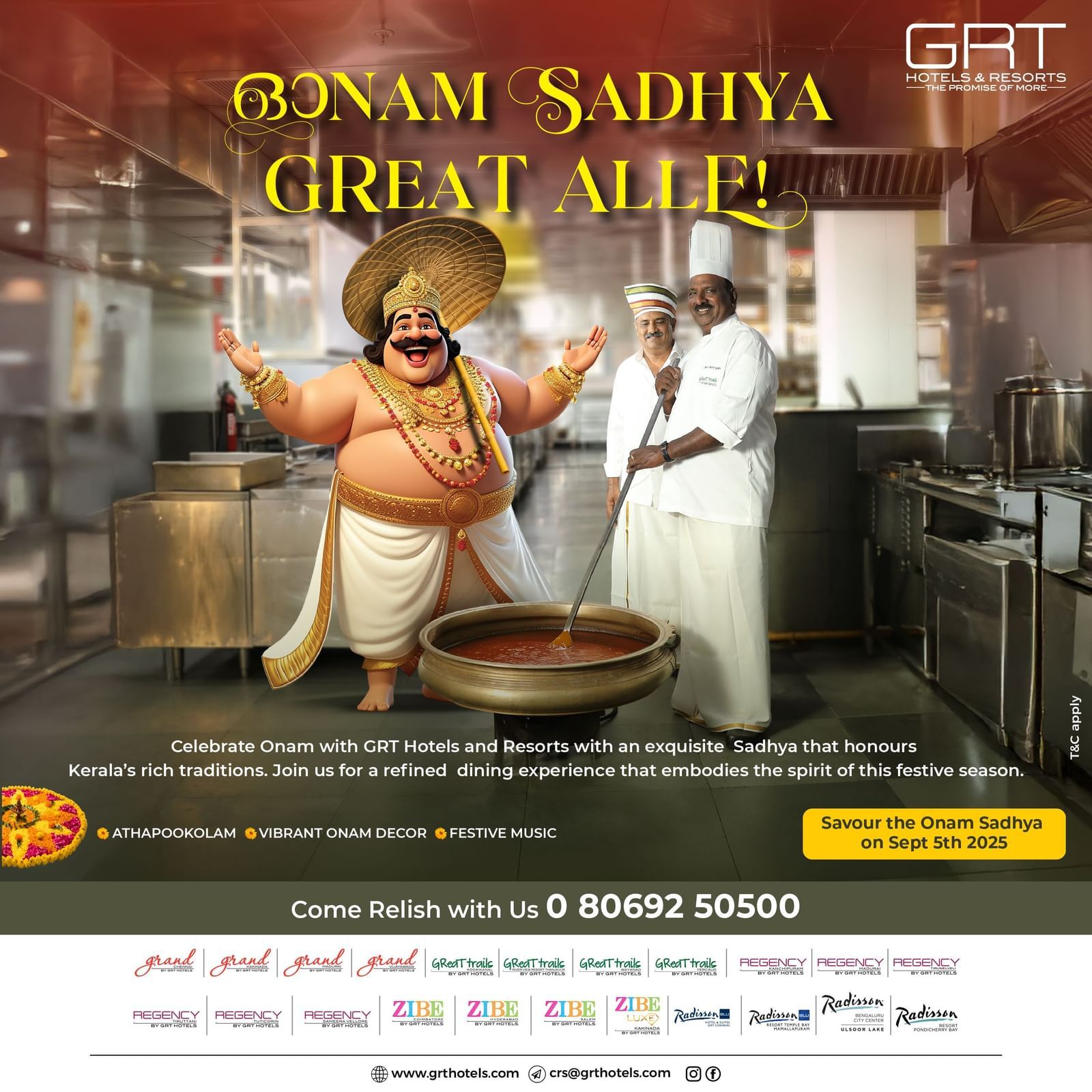 Festive Onam Sadhya creative with traditional Kerala feast elements, floral designs, and details of the celebration at GRT Hotels & Resorts.