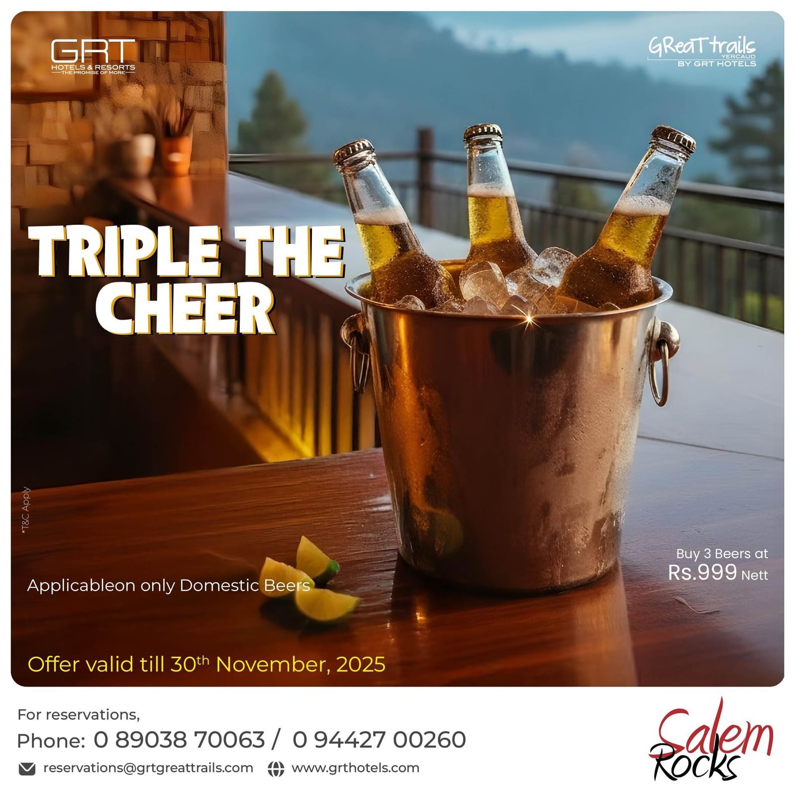 Promotional creative for TRIPLE THE CHEER displaying three beer bottles in an ice bucket on a terrace with a scenic, mountainous backdrop.