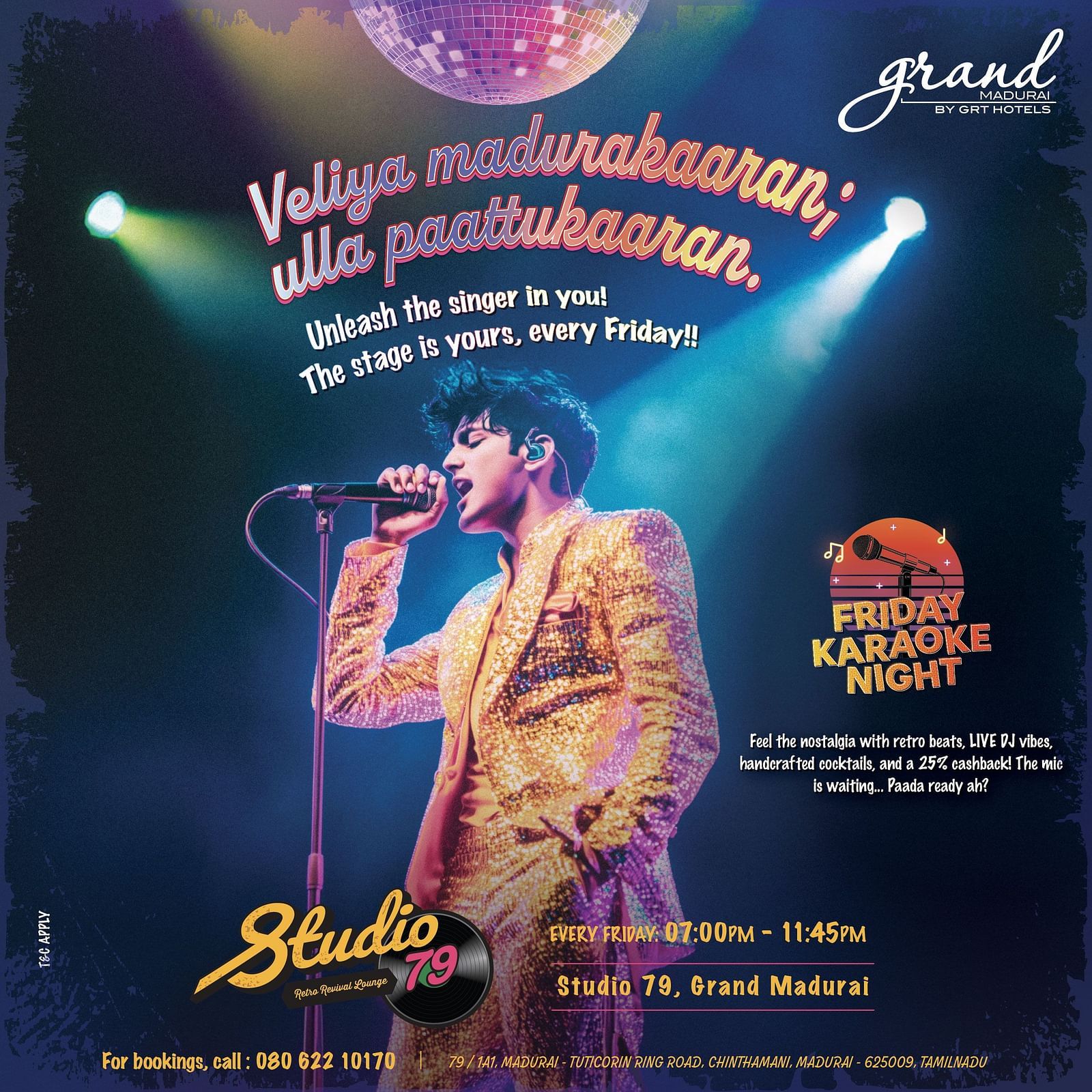 A lively digital poster for Studio 79's Friday Karaoke Night at Grand Madurai, showcasing a fashionable singer in a glittering outfit, a retro disco ball, neon text, and dynamic stage lighting.