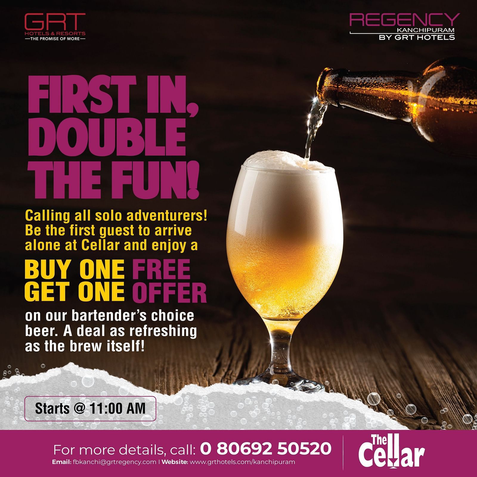 The image showcases a Buy One, Get One Free beer offer at The Cellar, Regency Kanchipuram