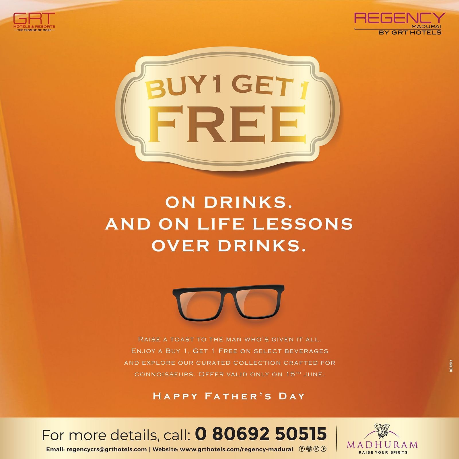  Father’s Day drinks offer by GRT Hotels with “Buy 1 Get 1 Free” text on an orange background featuring glasses and celebration message.