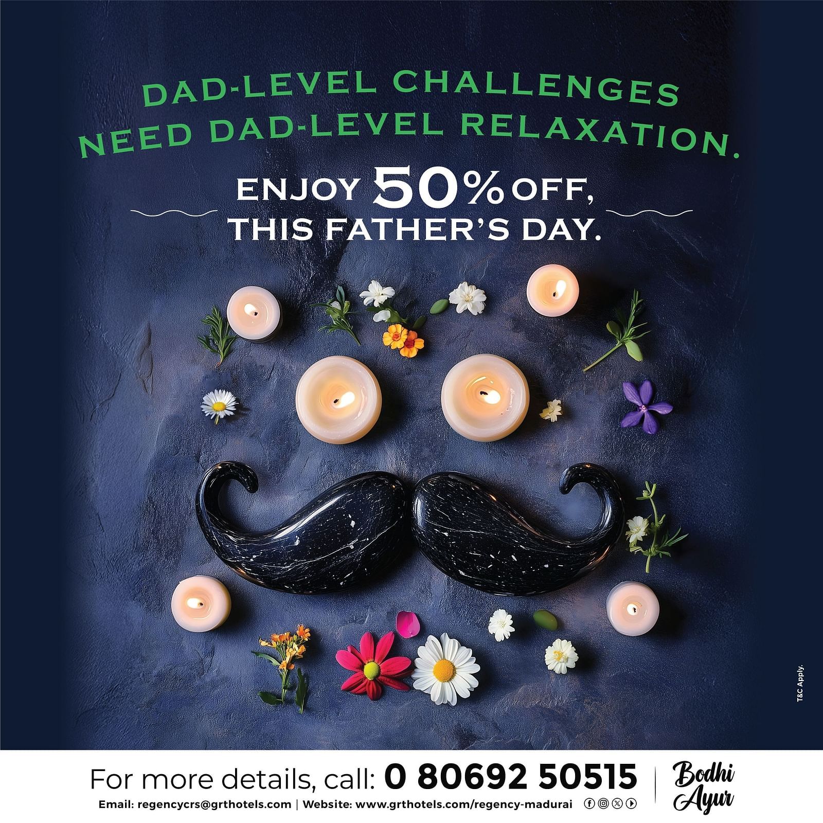  Father’s Day spa offer by GRT Hotels with candles, flowers, and a black moustache. Highlights 50% off on treatments at Bodhi Prana.