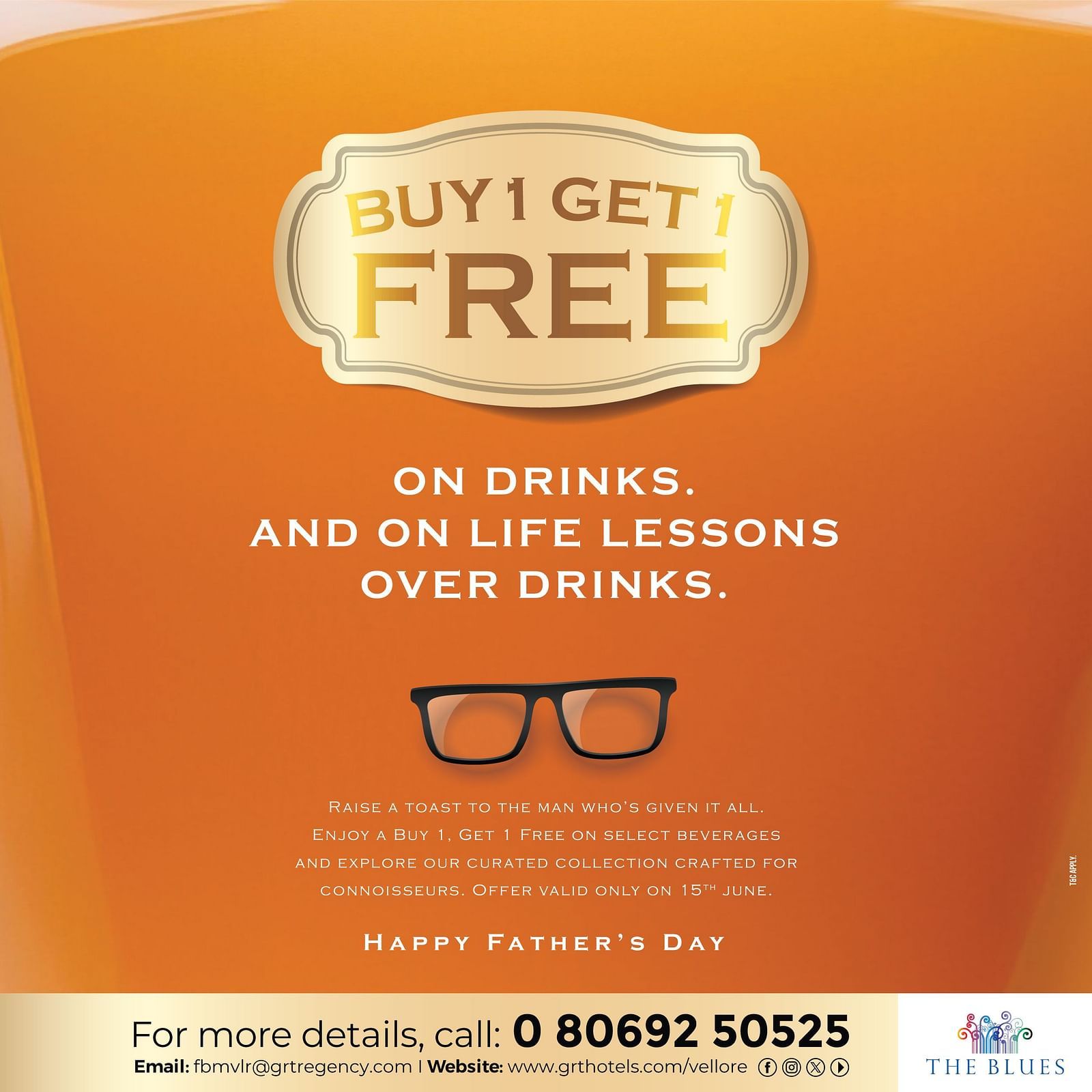  Father’s Day drinks offer by GRT Hotels with “Buy 1 Get 1 Free” text on an orange background featuring glasses and celebration message.