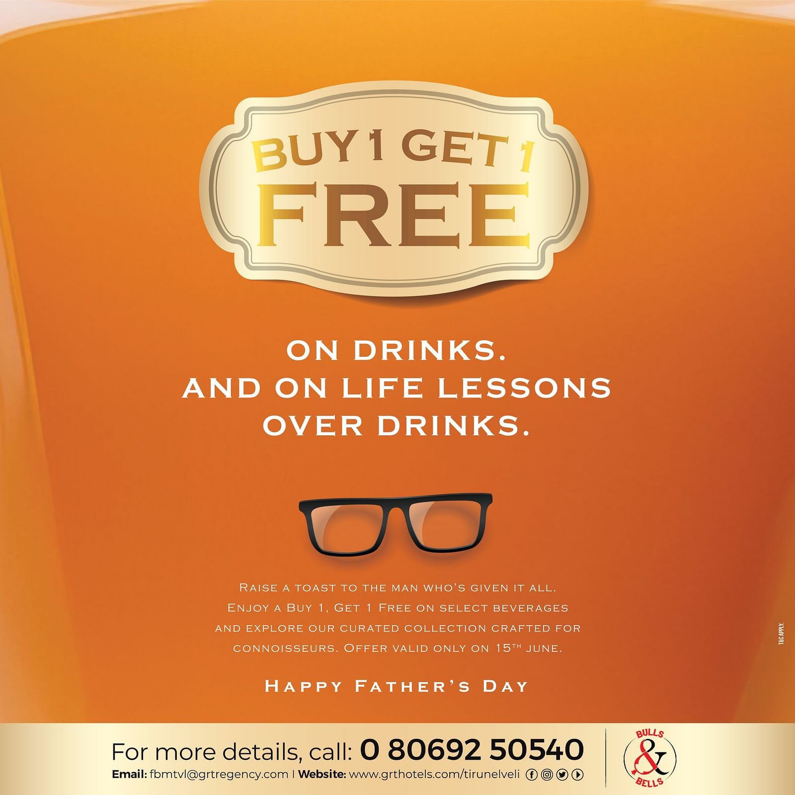  Father’s Day drinks offer by GRT Hotels with “Buy 1 Get 1 Free” text on an orange background featuring glasses and celebration message.