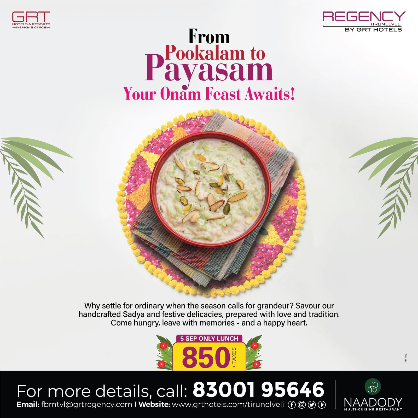 Onam creative for Regency Tirunelveli with Payasam bowl and festive design, highlighting Sadya feast and celebration.