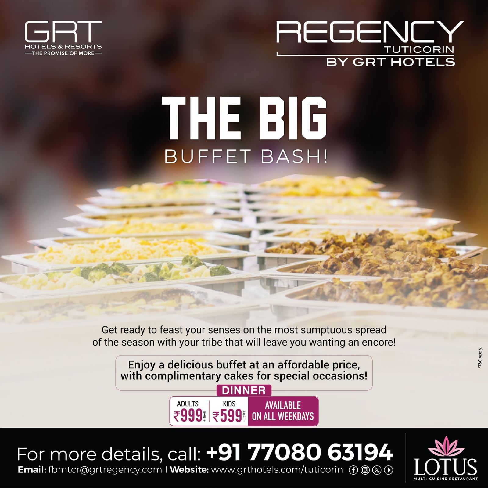 A promotional banner for The Big Buffet Bash at Regency Tuticorin by GRT Hotels, featuring a wide array of delicious buffet dishes.
