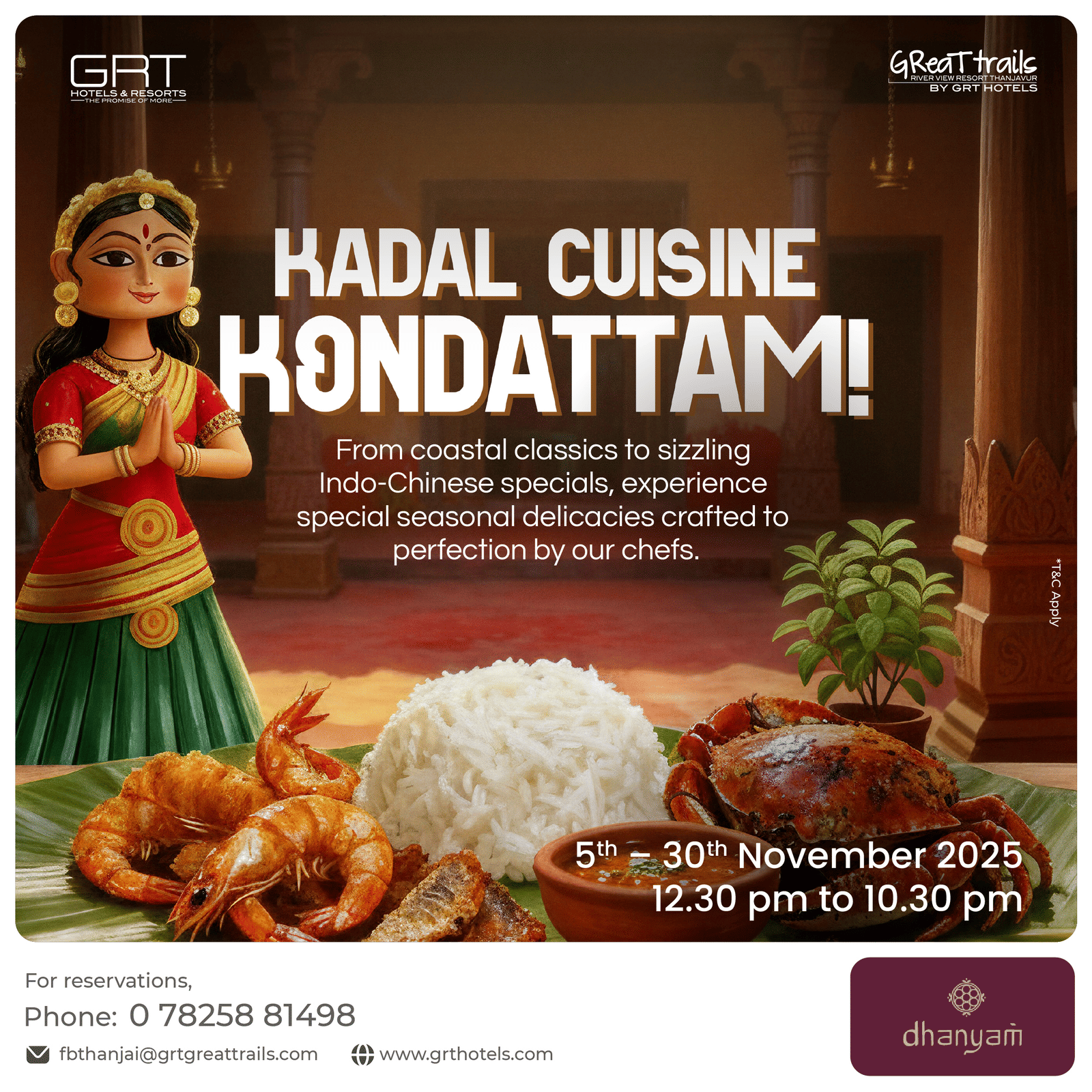 Traditional Thanjavur setting with a seafood feast featuring rice, crab, prawns, and fish served on banana leaves at Dhanyam, GReaT trails Thanjavur.