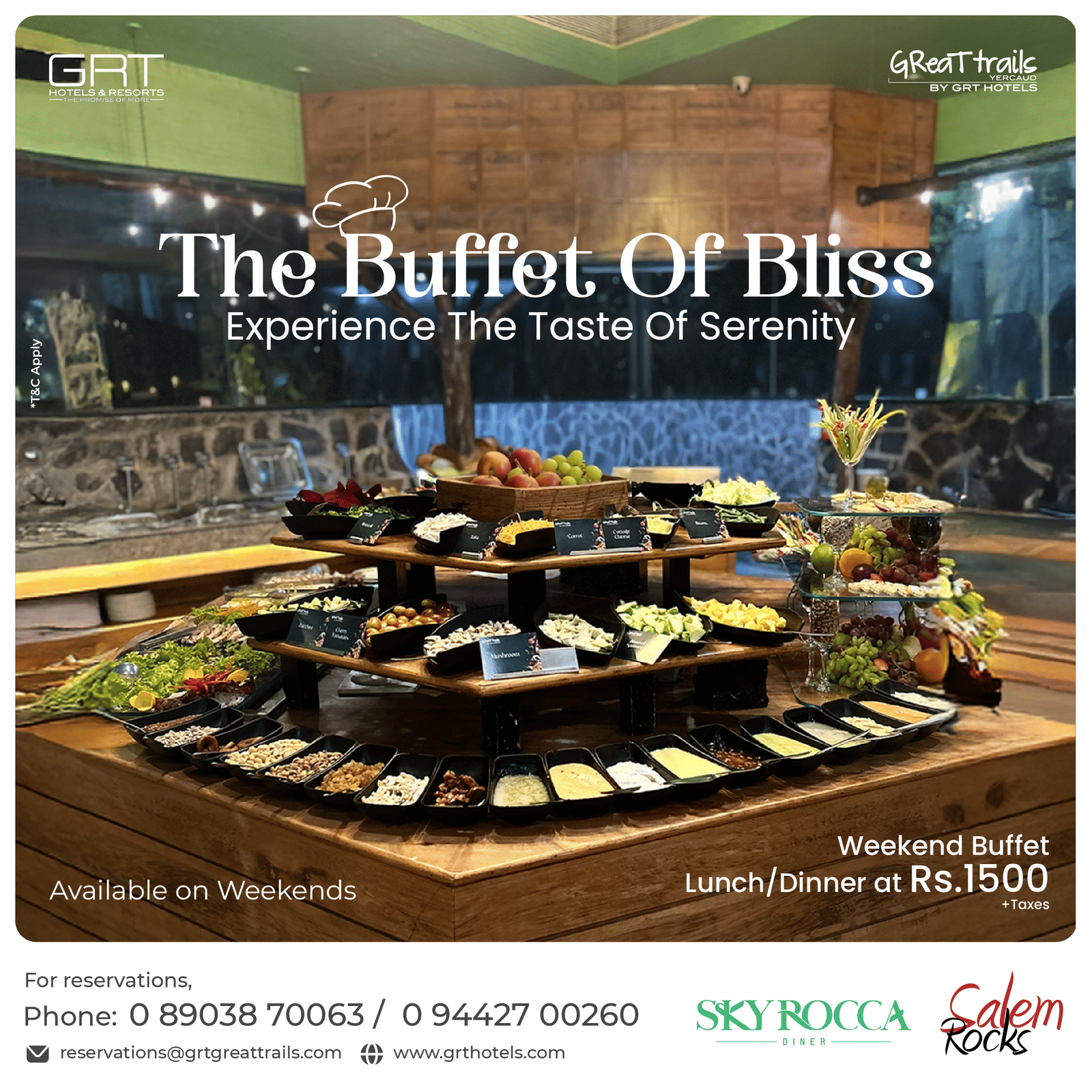 The Buffet of Bliss at Sky Rocca Diner, GReaT Trails Yercaud – a weekend buffet experience surrounded by serene hill views and warm ambience.