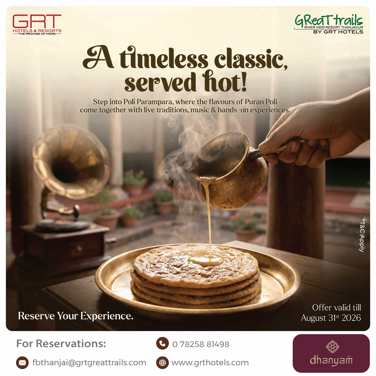 GRT Hotels social media post featuring a freshly served pizza with the message A timeless classic served hot inviting guests to enjoy a memorable dining experience and reserve a table