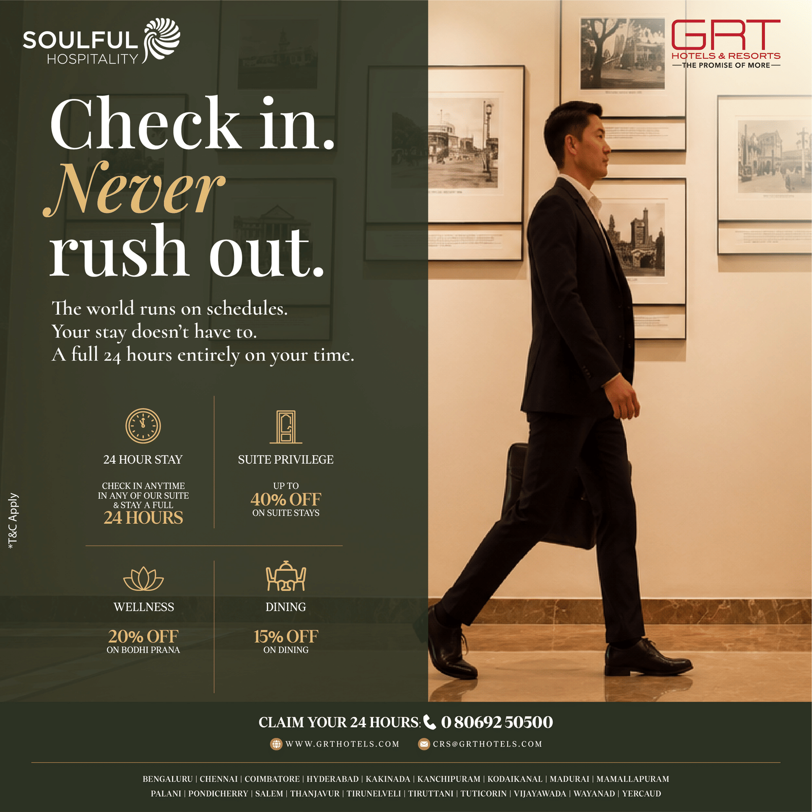 Promotional creative featuring the Soulful Hospitality offer by GRT Hotels and Resorts.