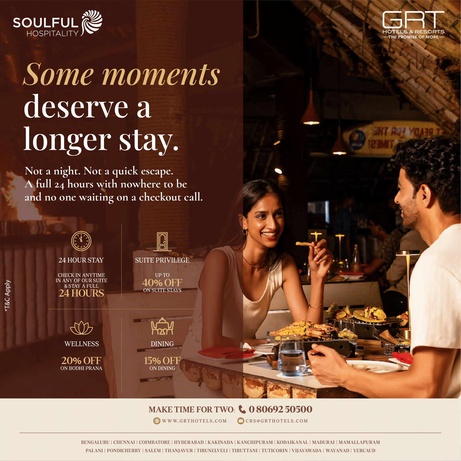 Promotional creative featuring the Soulful Hospitality offer by GRT Hotels and Resorts.