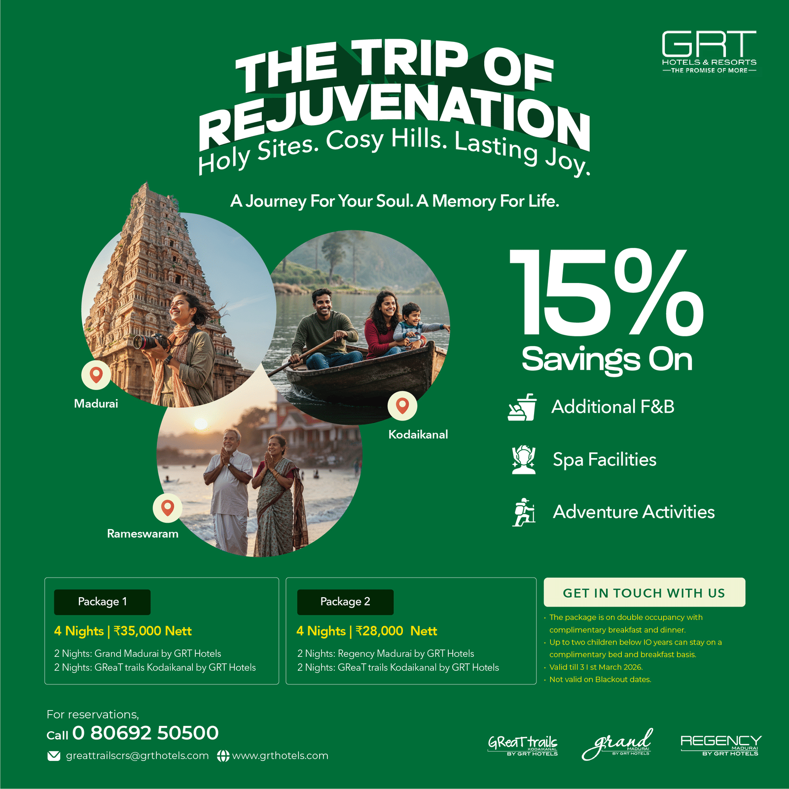 A green promotional poster for The Trip of Rejuvenation highlighting a 15 percent savings offer with images of nature, wellness activities and travel experiences.