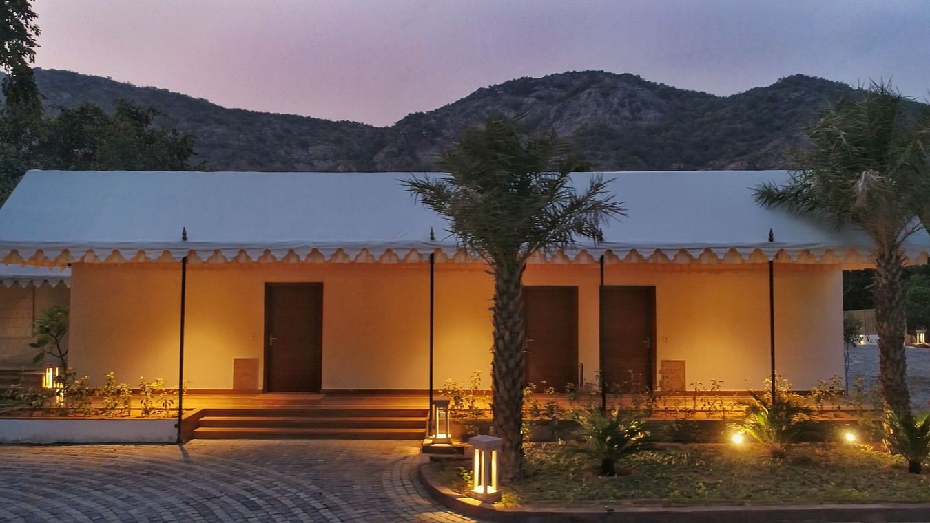 The exterior of our tent suites in Pushkar lit up during dusk 