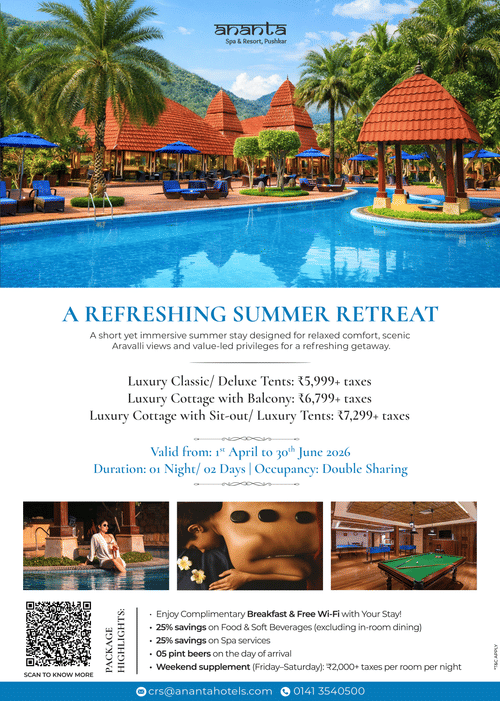 1-night Summer Package at Ananata Spa and Resort, Pushkar offering accommodation on double sharing starting from INR 5,999, 25% discount on spa services, food, beverages, and more.