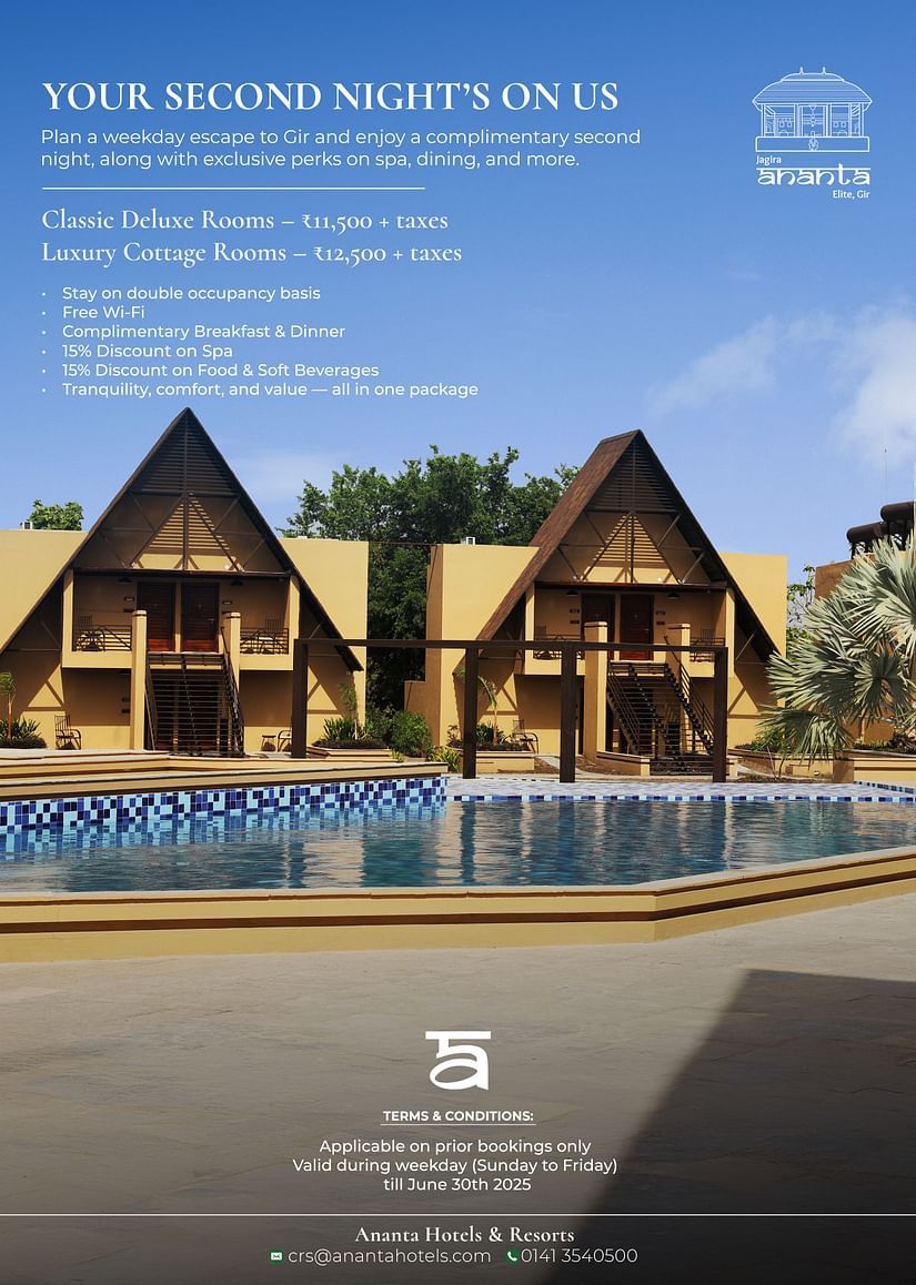 A creative for the Your Second Night On Us package at Jagira Ananta Elite, Gir