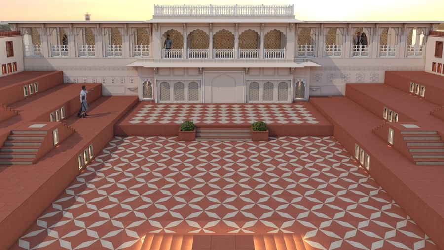 Umaid Palace courtyard showing geometric patterned floor and steps.